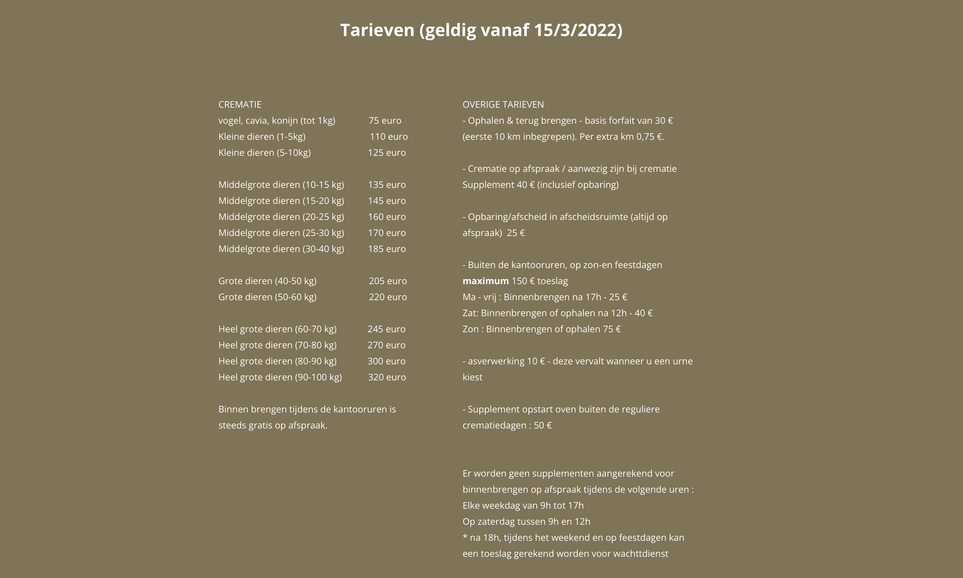 Tarieven | Dierenuitvaart Oudenaarde